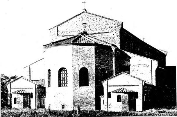 Above: APSE OF S. APOLLINARE IN CLASSE (6th cent.) - Ravenna. Below: APSE OF S. GIOVANNI A PORTA LATINA (8th cent.) - Rome.