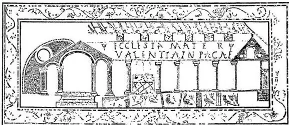 Above: FIGURATION OF THE CHURCH, Mosaic of Tabarca. Below: MOSAIC WITH INSCRIPTION COMMEMORATING VARIOUS MARTYRS - Uppenna.