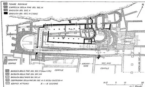 Archaeological plan of the sacred buildings from the 4th to the 11th century.