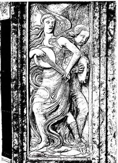 Left: MUSIC-MAKING ANGELS (1461). Perugia, SS. Andrea and Bernardino, detail of the facade. Right: FIGURE OF DIALECTIC. Rimini, Tempio Malatestiano.