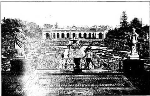 Rome, Villa A. View of the garden and the hemicycle from the portico of the palace (18th cent.).