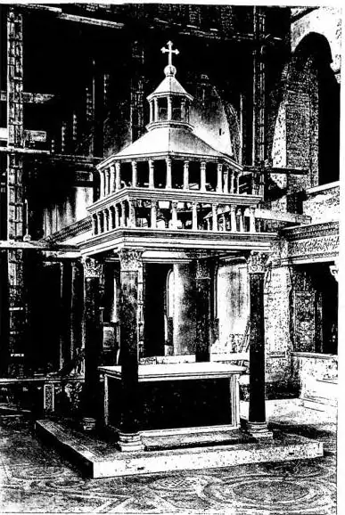 Left: PAPAL ALTAR OF THE BASILICA OF S. LORENZO FUORI LE MURA (1148) - Rome; right: PAPAL ALTAR OF THE BASILICA OF S. GIOVANNI IN LATERANO (14th cent.) restored under Pius IX (1851) - Rome.