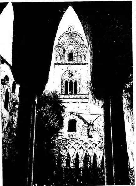 (progr. P. Pieri) CHIOSTRO DEL PARADISO (1266-68). Lato est. (progr. P. Pieri) CAMPANILE DEL DUOMO dal chiostro del Paradiso (sec. XIII)