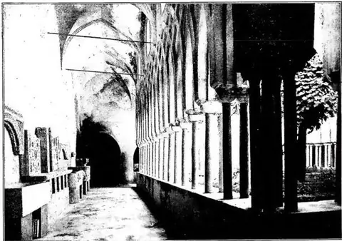 West side of the cloister of Paradise; fragments of Cosmatesque ambos and pagan sarcophagi. Arab-Sicilian architecture (13th century).