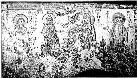 *Coronation of the martyrs* (in the center). Fresco in the Cemetery of Pontian.