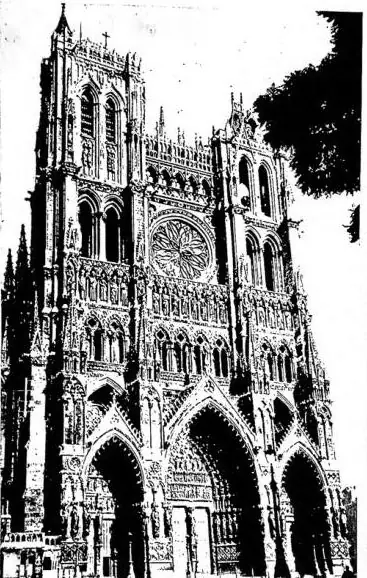 Left: WESTERN FACADE OF AMIENS CATHEDRAL (13th cent.); Right: VIRGIN AND CHILD - Amiens Cathedral.