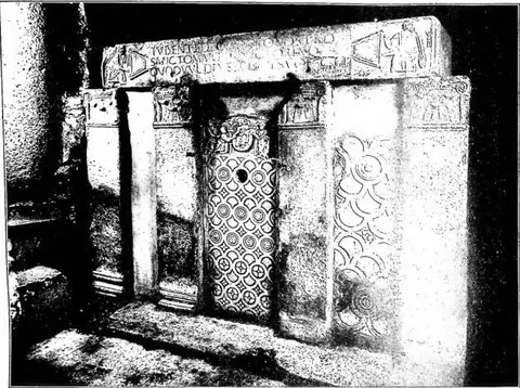 Reconstruction of the altar dedicated to the martyr St. Victorinus with dedicatory inscription (late 5th century).