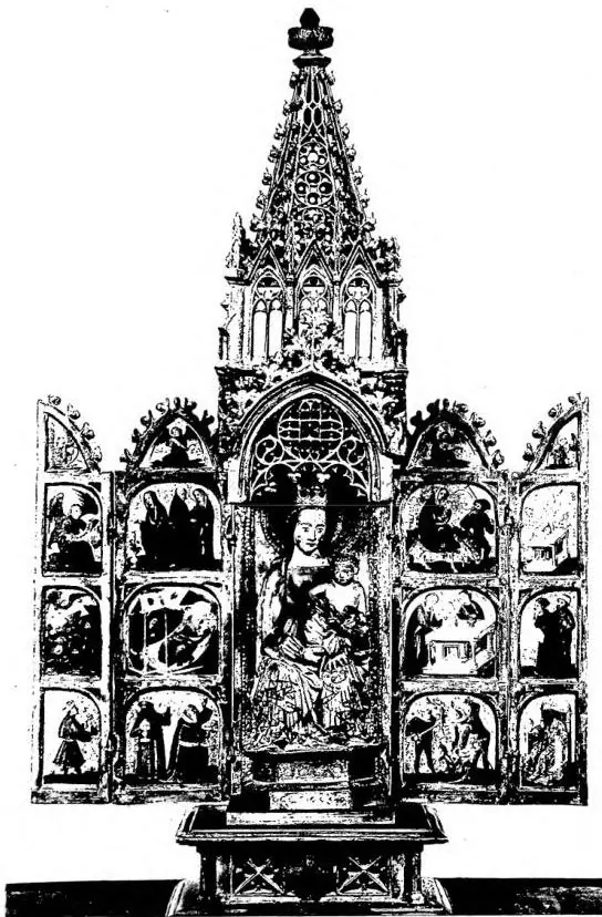 STATUE OF THE VIRGIN AND CHILD in a polyptych with painted panels (14th cent.) - Paris, Louvre.