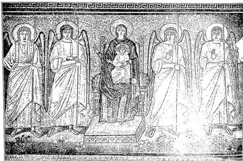 The Virgin enthroned between four angels - 6th-century mosaic in S. Apollinare Nuovo - Ravenna.