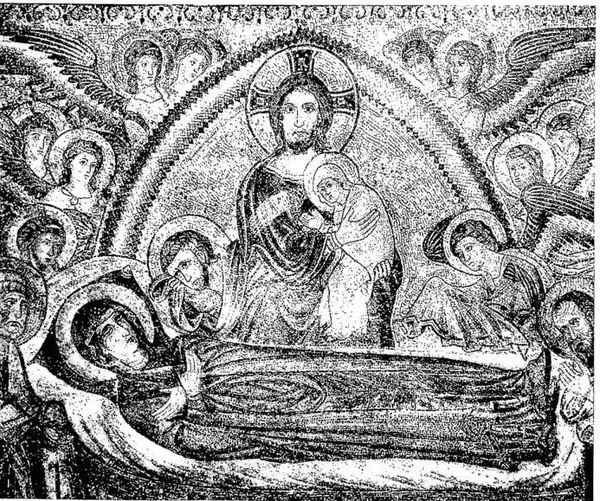 CHRIST RECEIVES INTO HIS BOSOM THE SOUL OF THE VIRGIN Mosaic by J. Torriti (13th cent.) - Rome, basilica of S. Maria Maggiore.