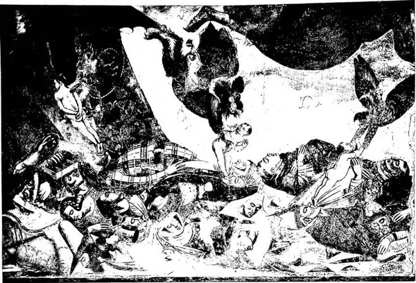 ANGELS AND DEMONS TAKING POSSESSION OF THE SOULS OF THE DYING by F. Traini (14th cent.). Fresco of the Triumph of Death in the Camposanto of Pisa.