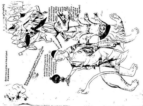Left: WHITE KNIGHT OF THE APOCALYPSE (Rev. 6, 2, 4; 10, 11) Drawing on parchment by a German artist (ca. 1320) - Nuremberg, National Museum.