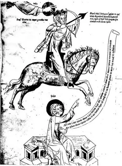 WHITE KNIGHT OF THE APOCALYPSE (Rev. 6, 2, 4; 10, 11) Drawing on parchment by a German artist (ca. 1320) - Nuremberg, National Museum