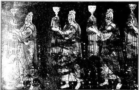 The elders of the Apocalypse. Fresco of the Roman school of the 12th century - Castel S. Elia, Church of S. Elia.