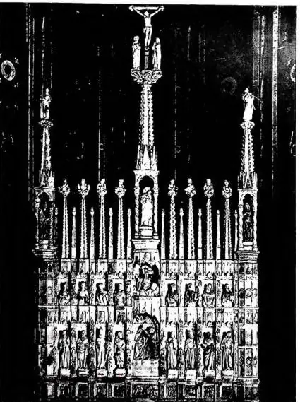 Left: MARBLE ALTARPIECE OF THE HIGH ALTAR OF THE CHURCH OF ST. FRANCIS. Work by Jacobello and P. Paolo delle Masegne (1388-92). Right: MAIN PORTAL OF THE CHURCH OF ST. PETRONIUS with sculptures by Jacopo della Quercia (1427-37).