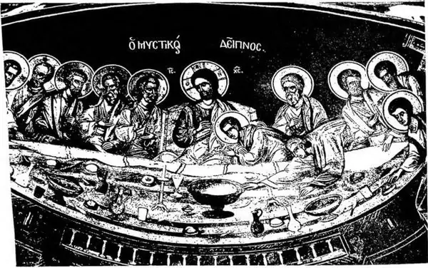 Above: LAST SUPPER. Mosaic of 1512 - Laura, Trapeza. Below: BAPTISM OF JESUS CHRIST. Mosaic of the early 14th cent. - Chilandari, Catholicon.