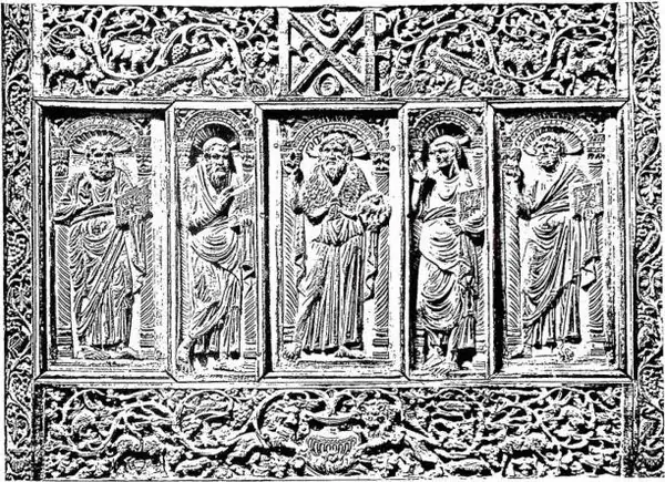 Above: DETAIL OF THE IVORY CHAIR OF MAXIMIAN (546-56). St. John the Baptist among the four Evangelists. - Above centre: monogram «Maximianus Episcopus». Ravenna, cathedral. Below: CORONATION OF THE VIRGIN (13th cent.). Polychrome ivory of French Gothic art - Paris, National Museum of the Louvre.