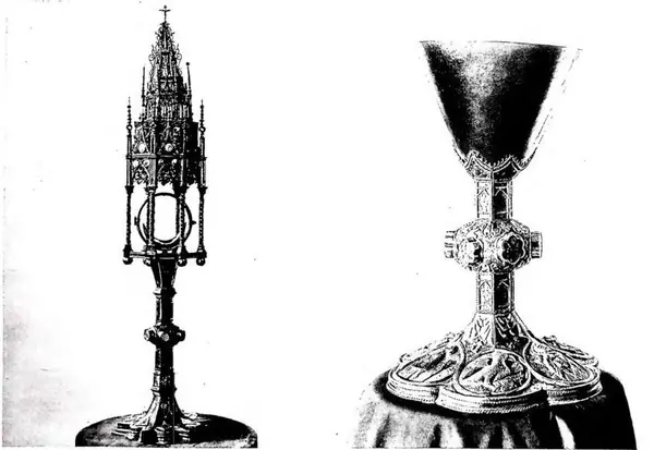Left: GOTHIC OSTENSORY (14th cent.). Benevento, cathedral. Right: EMBOSSED SILVER AND ENAMEL CHALICE (13th cent.). Casamari, abbey.