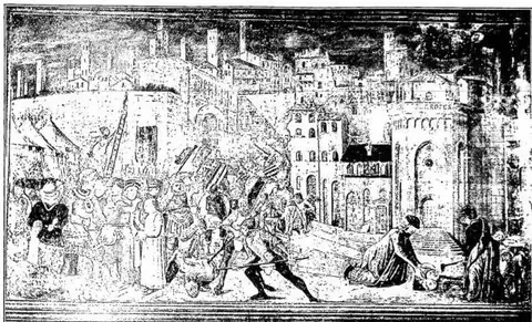 The houses of the B. in the second level of the fresco by B. Bonfigli in the Palazzo de' Priori (15th century), depicting the Siege of Perugia and the Discovery of the body of St. Herculanus - Perugia.