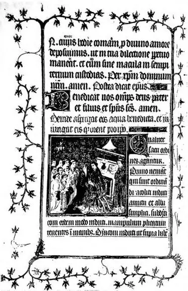 Left: ALTAR WITH HANGING BALDACHIN. Bishop speaking to the ordinands. Pontifical of Sens (second half 14th cent.). Paris, bibliothèque nationale, ms. lat. 962, fol. 126°. Right: BALDACHIN WITH THE COAT OF ARMS OF THE MASSIMO FAMILY. Entrance hall of the Palazzo Massimo alle Colonne (B. Peruzzi, 1535