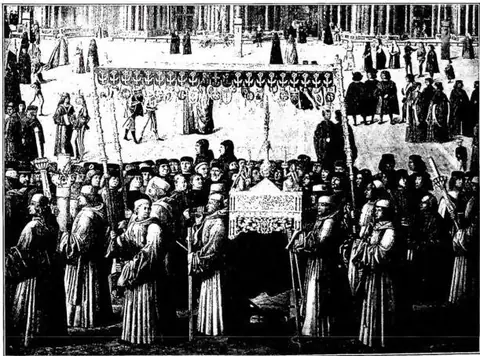 Detail of the *Procession in Piazza S. Marco*, painting by Gentile Bellini (15th century). Venice, Galleria dell'Accademia.