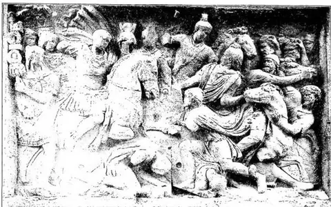 The emperor victorious over the b. Relief from the time of Trajan reused in the decoration of the arch of Constantine - Rome.