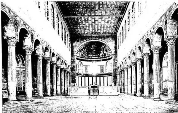 Above: INTERIOR OF THE BASILICA OF S. SABINA (5th cent.) after the restorations of 1936 - Rome. Below: EXTERIOR OF THE BASILICA OF S. APOLLINARE IN CLASSE consecrated by archbp. Massimiano (549) - Ravenna.