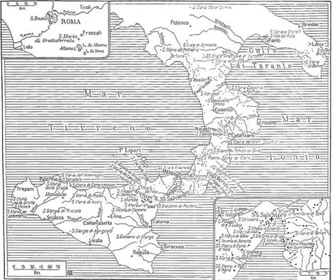 The monasteries of the Basilian Monks of Italy from the 10th to the 20th century. The dots, even when not accompanied by a name, indicate their location; those still existing are marked with crosses.