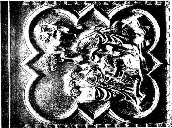 Left: ADMINISTRATION OF BAPTISM. Bas-relief of the campanile of the Cathedral (14th cent.) - Florence.