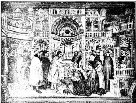 Baptism of King Sevio. Fresco by Altichiero and Iacopo Avanzi (14th century) - Padua, oratory of St. George.