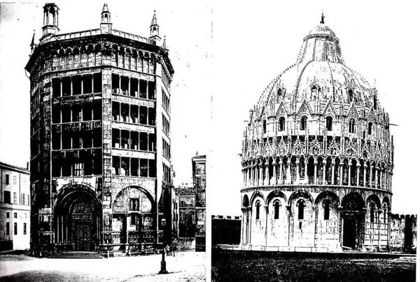 Left: EXTERIOR OF THE BAPTISTERY OF PARMA. Work by B. Antelami, begun in 1196. Right: EXTERIOR OF THE BAPTISTERY OF PISA begun by Diotisalvi in 1153, continued in the second half of the 13th cent. and completed in 1399.
