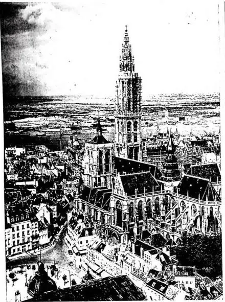 Left: CHURCH OF NOTRE-DAME. Begun in 1352, completed in the 16th cent. - Antwerp. Right: TOWN HALL. Reconstruction of the 17th cent. with elements of the 15th cent. - Brussels.