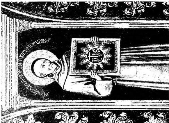 Left: WAX FUNERARY MASK TAKEN FROM THE FACE OF THE SAINT. L'Aquila, museum.