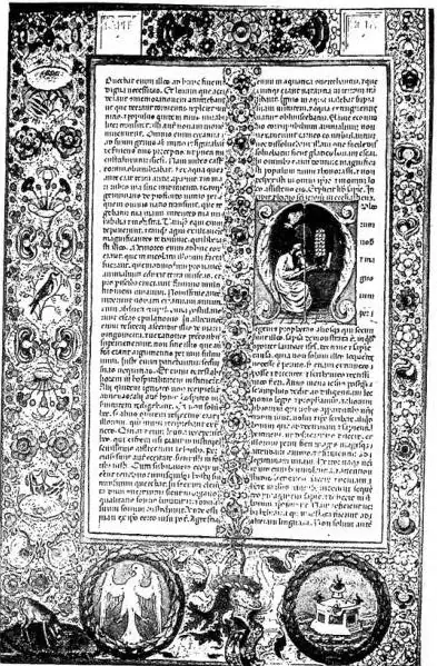 Left: BIBLE OF ST. PAUL (first half of the 9th cent.) - Rome, library of the Abbey of St. Paul. Right: BIBLE OF BORSO D'ESTE. Executed for Borso d'Este between 1435 and 1467 by Taddeo Crivelli and various collaborators - Modena, Biblioteca Estense.
