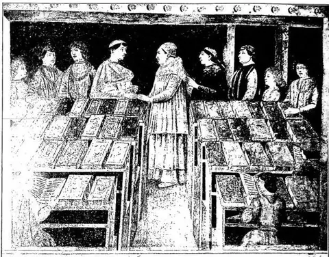 Sixtus IV visits the Vatican library. School of Antoniazzo Romano (late 15th century) - Rome, hospital of S. Spirito.