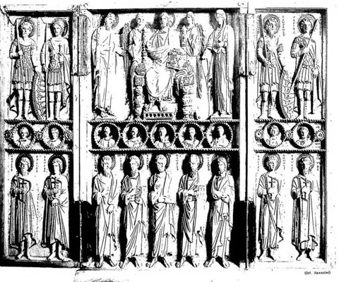 IVORY TRIPTYCH WITH CHRIST ENTHRONED AND SAINTS (10th cent.).