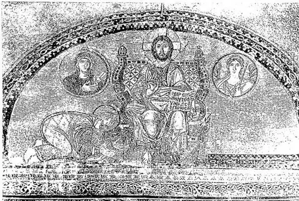 Above: CHRIST ENTHRONED. Mosaic of the lunette over the royal door of the narthex of Hagia Sophia in Constantinople (886-912). Below: FRESCOED LUNETTE WITH FIGURE OF AN ARCHANGEL (11th cent.). Sant'Angelo in Formis, atrium of the Cathedral.