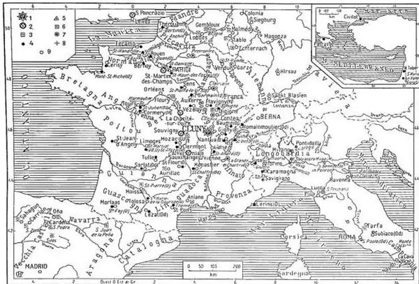CLUNY - C. and its zone of influence (10th-20th centuries): 1) C. 2) The Quinque filiae. 3) Principal Cluniac centers. 4) Cluniac priories founded or abbeys ref
