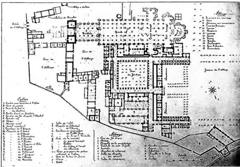 Plan of the abbey before its suppression (1790) and its destruction (Sept. 1801-July 1811). The parts drawn in black are those still existing today.