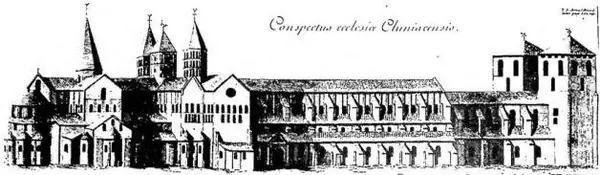 Above: SIDE OF THE BASILICA OF CLUNY. Engraving (etching and burin) by P. F. Giffart, reproduced in the Annales Ordinis S. Benedicti of G. Mabillon, V, Paris 1713, p. 256. Below: URBAN II, SURROUNDED BY CARDINALS, consecrates the high altar (25 Oct. 1095) of the Basilica begun by abbot Hugh (1088),