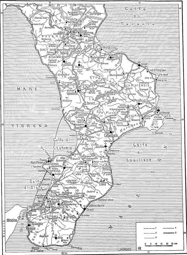 CALABRIA. — Calabrian conciliar region. 1. region boundary; 2. province boundary; 3. ecclesiastical district boundary; 4. railway; 5. roads.