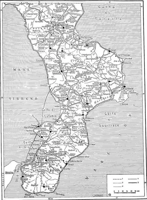 CALABRIA. — Calabrian conciliar region. 1. region boundary; 2. province boundary; 3. ecclesiastical district boundary; 4. railway; 5. roads.