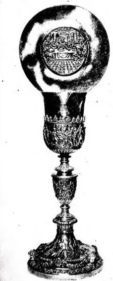 Left: CHALICE DONATED TO THE BASILICA OF S. PIETRO BY CANON GIUSEPPE DE' MARCHESI FERRARI (1850) - Basilica of S. Pietro, Treasury. - Centre: SILVER CHALICE DONATED (late 14th cent.) - Venice, church of S. Marco, Treasury. - Right: CHALICE DESIGNED BY KARL HOLEY (20th cent.) - Zwettl, Cistercian abb
