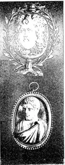 Left: FARNESE CUP. Onyx cameo with figure of Medusa (1st cent.) - Naples, Museo nazionale. Right: HEAD OF MEDUSA. Cameo of Roman age (2nd cent.); PORTRAIT. Cameo from the time of Caracalla - Biblioteca Vaticana, Museo profano; FISH. Christian cameo (4th-5th cent.); ST. JOHN THE BAPTIST. Byzantine ca