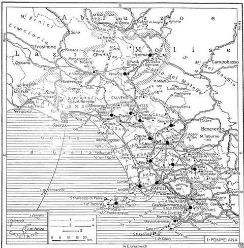 Campanian conciliar region: 1) Region boundaries; 2) Province boundaries; 3) Ecclesiastical district boundaries; 4) Railways; 5) Roads.