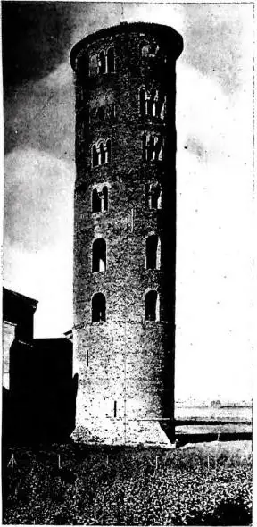 Left: BELL TOWER OF S. APOLLINARE IN CLASSE (9th-10th cent.) - Ravenna. Centre: BELL TOWER OF S. MARIA IN COSMEDIN (12th cent.), with modern restorations - Rome. Right: BELL TOWER OF THE ABBEY OF POMPOSA (11th cent.).