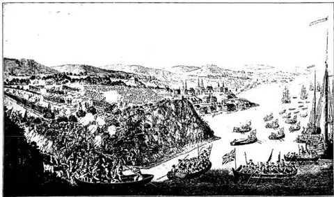 Episode of the conquest of Québec by the English (Sept. 13, 1759). Print published by Laurie and Whittle of London (1797).