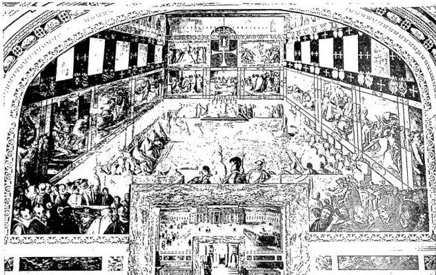 Above: CANONIZATION OF ST. DIEGO (2 July 1588) in the ancient basilica of St. Peter's. - Biblioteca Vaticana, 1st Hall of Sixtus V. Below: CANONIZATION OF ST. CHARLES BORROMEO (1 Nov. 1610). Moment of the offering of the traditional gifts to Pope Paul V. - Biblioteca Vaticana, exhibition halls.