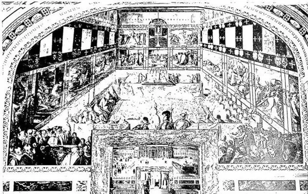 Above: CANONIZATION OF ST. DIEGO (2 July 1588) in the ancient basilica of St. Peter's. - Biblioteca Vaticana, 1st Hall of Sixtus V. Below: CANONIZATION OF ST. CHARLES BORROMEO (1 Nov. 1610). Moment of the offering of the traditional gifts to Pope Paul V. - Biblioteca Vaticana, exhibition halls.