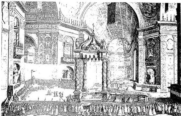 Above: APPARATUS OF THE BASILICA OF ST. PETER'S for the canonization of Bl. Francis de Sales, performed by Alexander VII, on 19 Apr. 1665. Below: APPARATUS OF THE BASILICA OF ST. PETER'S for the solemn canonization of the XXVI Martyrs of Japan and of Bl. Michele de Sanctis, performed by Pius IX, on 8 June 1862.